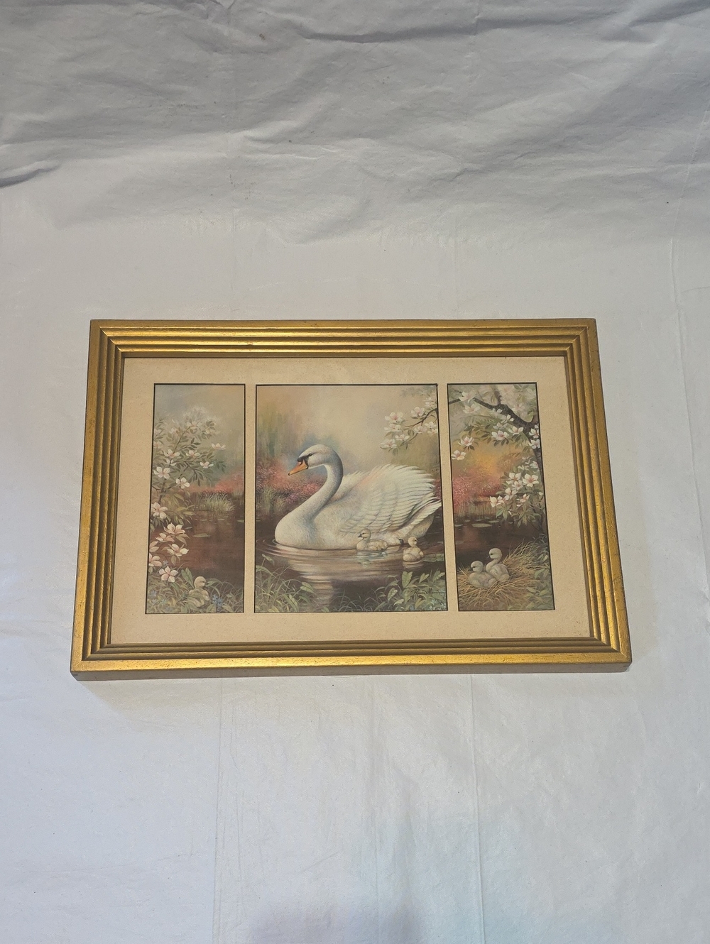 Vintage Triptych Framed Swan Print with Gold Resin Frame Cottagecore 19x14